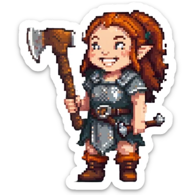 laughing female dwarf from Lineage 2 game character with axe sticker