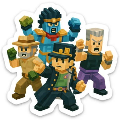 JoJo's Bizarre Adventure Season 3 (Stardust Crusaders) characters and iconic poses, reimagined as LEGO minifigures, vibrant colors, blocky details, playful and dynamic sticker