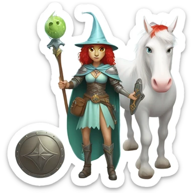 medieval shield: [politically incorrect, (
	{ female, alien, witch, color: light green, hair:red, eyes:cat} ]
	on a 
	[{ unicorn: white, legged:four, mane: light blue }]) sticker