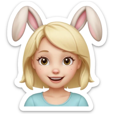 A playful blonde female cartoon character with wide, mischievous eyes, smiling, bunny ears accessory, dynamic pose suggesting movement, pastel colors, minimalistic and cute emoji style. sticker