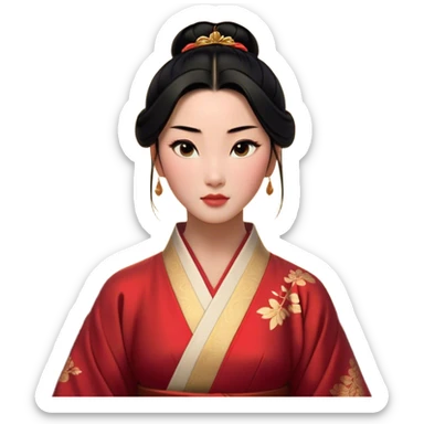 Cinematic Realistic Noble Mulan Portrait, depicted with lifelike, warm light-toned skin that reveals subtle texture and natural shadows. Her sleek black hair is intricately styled into a traditional bun with every strand rendered in exquisite detail, and her almond-shaped eyes, full of quiet resolve, are softly illuminated. She wears a meticulously detailed traditional robe with delicate red and gold accents, its rich fabric textures and gentle folds catching the light beautifully. The portrait radiates a natural, enchanting glow, capturing Mulan’s inner strength and timeless grace in a realistically painterly style. sticker