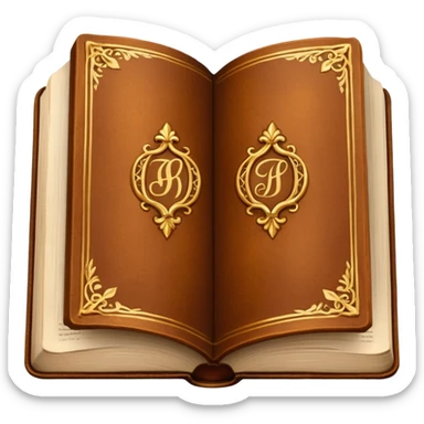 "An open antique leather-bound book with golden edges and calligraphy, detailed embossing, Victorian style, warm brown and gold palette." sticker