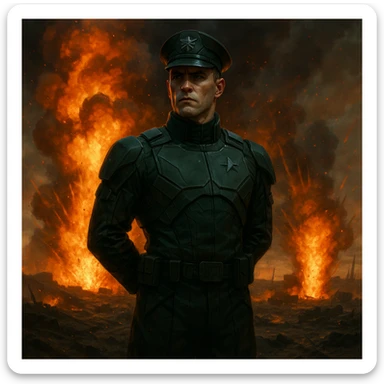 A man in futuristic dark green military uniform, hands behind his back, facing forward. Explosions and fire in the background, warzone setting. sticker