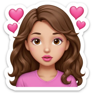 girl with long wavy brown hair, brown eyes, light to medium complexion, in a pink shirt, pink lips, long lashes, puckering up for a kiss, kiss lips and hearts sticker