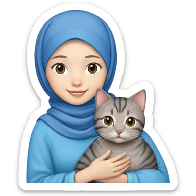 Asian white girl wearing blue hijab holding a black grey tabby cat with smiling sticker