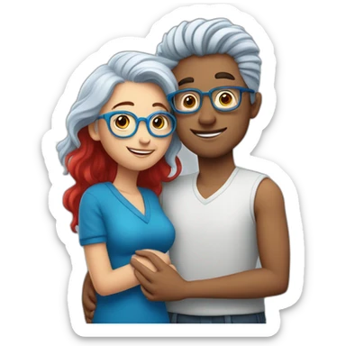 a boy with silver hair and a curvy girl with red hair and blue glasses hugging sticker