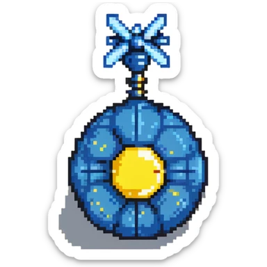Blue digital bomb with blue antenna-like fuse at the top, round black bomb body with blue accents, pixel art style sticker