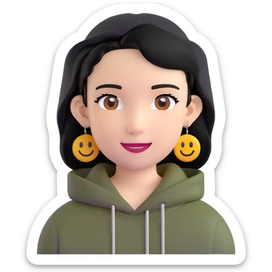 person with military cut black hair, brown eyes, wearing 2 circle earrings and a black hoodie with a smiley face sticker