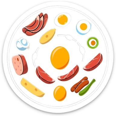 Close-up of glowing muscle fibers only, semi-transparent and pulsating with energy. Protein food icons (meat, egg, beans, tofu, yogurt) orbit around the muscle fibers in a warm energetic circle. sticker