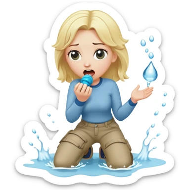 blond woman kneeling, shocked, playful cartoon stick with D-shaped knob and exaggerated features coming from trousers in front of her face, water jet into her mouth sticker