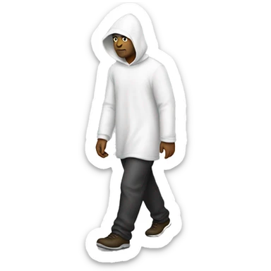 A man walks with a white hood sticker