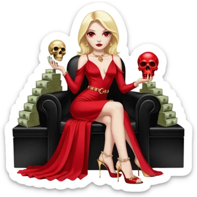 Lilith symbol red eye seductress evil shoulder length blonde haired sexy succubus woman with Gucci  long dress with slit, sitting on of gold and diamonds. Black Platform high heels on feet. seat full of stacks of cash,  dead human skull of her enemies in her other hand sticker
