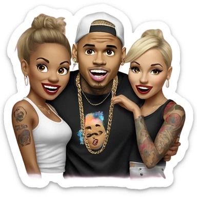 Hyper Realistic Chris Brown  singing with 2 female tattooed dancers sticker