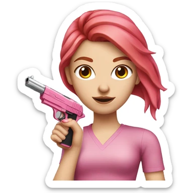 White Girl with red hair and hand pink nails holding pink gun sticker