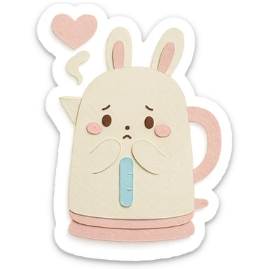 chibi electric kettle-bunny hybrid, shy, heart-shaped steam, pastel white and pink, full-body sticker