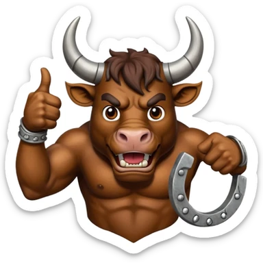 Emoji of an iron horseshoe with an angry powerful bull in the middle showing a thumbs up (Likes) sticker