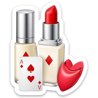 emoji of playing cards with illustrations of lipstick, serum and hand cream on them
 sticker