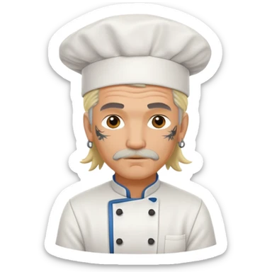 Chef with tattoos and a mullet with blond grey hair sticker