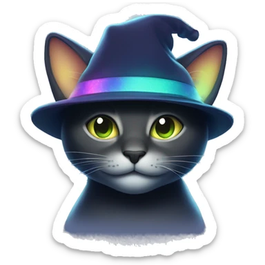 Dark iridescent cat glowing wearing a hat sticker