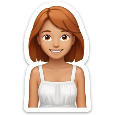  A smiling girl with freckles, wearing a white sundress, standing in a field of daisies. sticker
