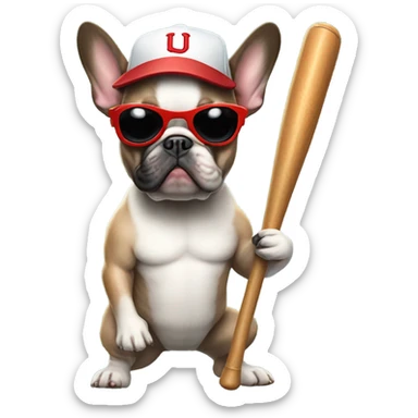 A French bulldog with a baseball bat and a baseball cap on with dark sunglasses sticker