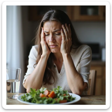 adult woman, photorealistic, failed diet, distressed expression, sitting in front of diet menu, glass of water and vegetables, natural light, restaurant background sticker