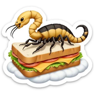 MAKE A SCORPION ON TOP OF A EHITE FLUFFY CLOUD THAT IS HOLDING A SANDWICH IN ITS CLAW AND LOOKING LIKE ITS EATING IT sticker
