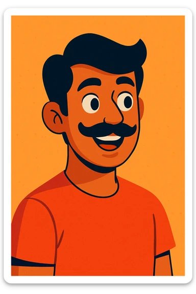 smiling, curious Indian young man with a moustache, modern illustration style sticker