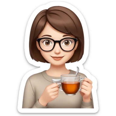 woman 55 years old white skin brown hair glasses short haircut smiling sweetly holding a cup of tea sticker