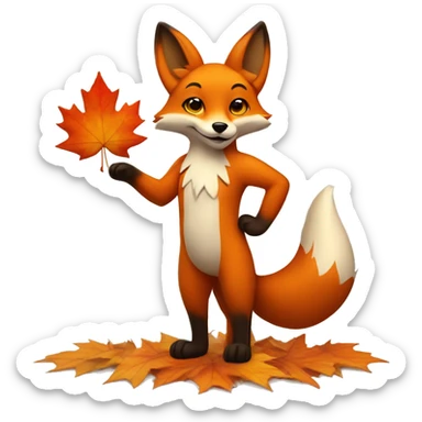 fox standing on two paws holding an autumn maple leaf sticker