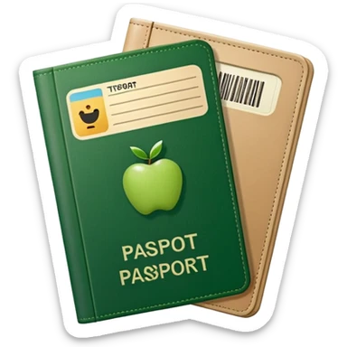 passport with protruding airline tickets, Apple emoji style, colors #173e12 and #c1a793, no text, simple shapes sticker