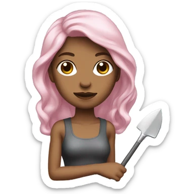 Woman holding Metall shovel skin light pink hair long brown wavy sticker
