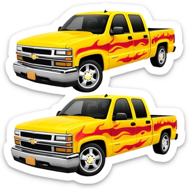 Yellow 1997 Chevrolet C-2500 Crew Cab Silverado with airbrushed red flame artwork on the hood and front fenders, custom painted flames like in Kill Bill movie, 30-degree view, iOS emoji style sticker