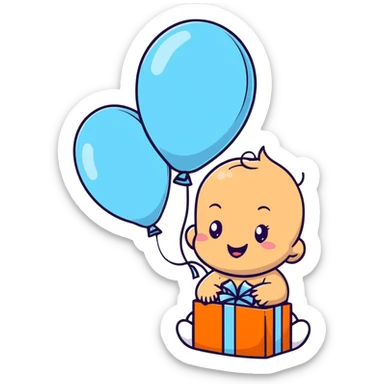 happy baby surrounded by pastel blue balloons and presents at birthday party sticker