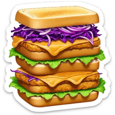 Spicy stacked chicken sandwich — two thick golden toast slices, a crispy breaded chicken fillet, green lettuce, and purple cabbage slaw, with glossy dark sauce dripping down the sides. sticker