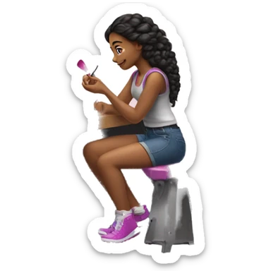 a girl, sitting near the workbench, putting nail polish on her nails. sticker