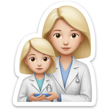 Mostre uma mulher vestida de jaleco branco, atendendo uma criança, expressão leve e detalhamento suave típico de emojis modernos. A cena deve ter um visual limpo, com sombras sutis e contornos suaves, mantendo o estilo cartoon 3D usado em emojis do iOS. Mantendo coerência com o estilo emoji.” sticker
