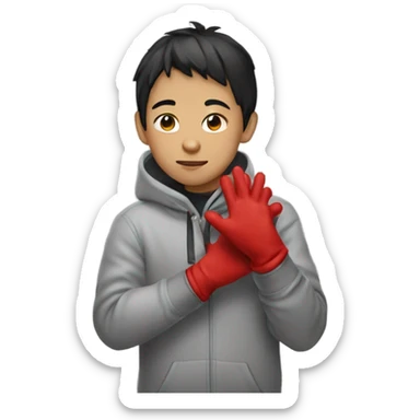 Asian Boy wearing red gloves on hands and a hoodie sticker