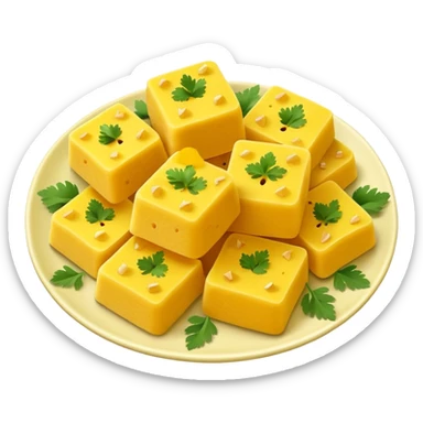khaman dhokla, fluffy yellow pieces, served on a plate, emoji style sticker