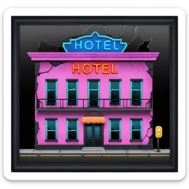 Hotel barato con letrero de neón en la fachada. sticker