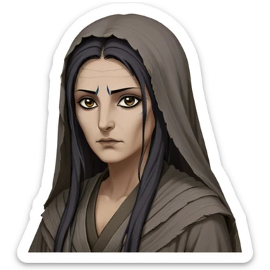 Mirri Maz Duur is a weathered, middle-aged Lhazareen woman with deep-set dark eyes, high cheekbones, and a sharp nose, giving her a stern, knowing expression. Her long, unkempt dark hair streaked with gray falls loosely over her shoulders, and her earth-toned, tattered robes mark her as a humble healer. Despite her frail appearance, she exudes an aura of mystery and menace, her hands stained with herbs and blood from both healing and dark sorcery. sticker