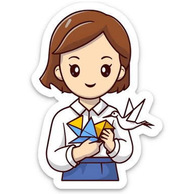 Ukrainian young girl with brown hair wearing a white embroidered shirt holds an origami yellow-blue crane sticker