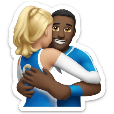 Cheerleader in blue gives a man a big hug sticker