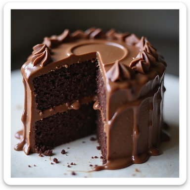 a realistic double fudge chocolate cake, rich chocolate layers, glossy fudge icing, photorealistic style, no background sticker