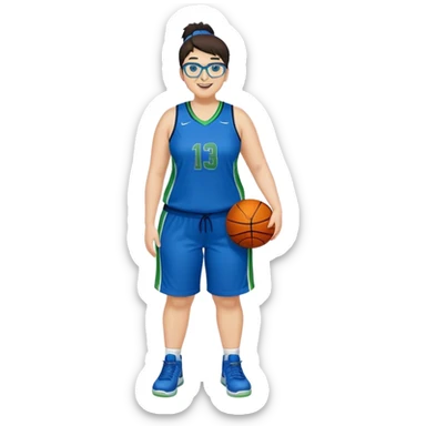 Full Body plus size white female basketball player with short dark hair with highlights spike hair wearing blue glasses  wearing blue green uniform smiling sticker