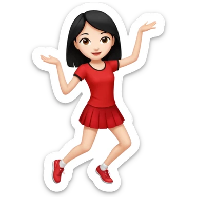 Chicas esbelta con falda corta negra y top rojo,pelo semi largo negro y lacio  super feliz,pero bailando sticker