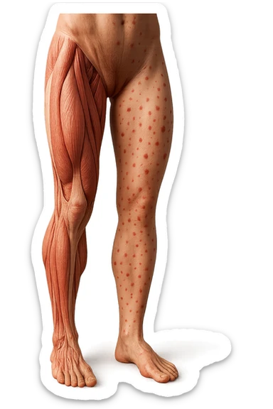 corpo umano anatomico con red spot sparsi sulle gambe, iperrealistica in 3d sticker