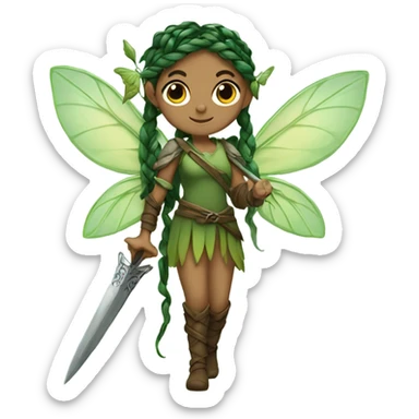 Female, forest fairy, fairy wings, pointed elf ears, box braid hair, vines, holding medieval sword sticker