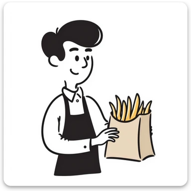 man putting fries in a brown paper bag, hand drawn doodle style sticker