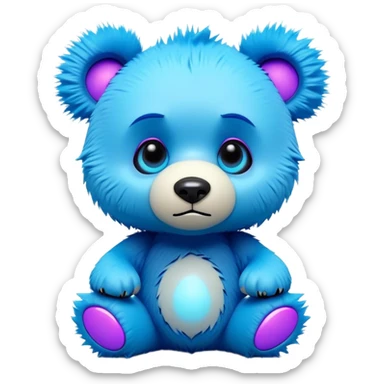 3D, adorable little Pixar style blue neon punk bear with a broken toy, ultra detailed, each lash, eye, and strand of fur is shown in stunning detail as though captured in a timeless photograph, rich textures, visually rich, so lifelike it feels like it could leap off the page at any moment sticker